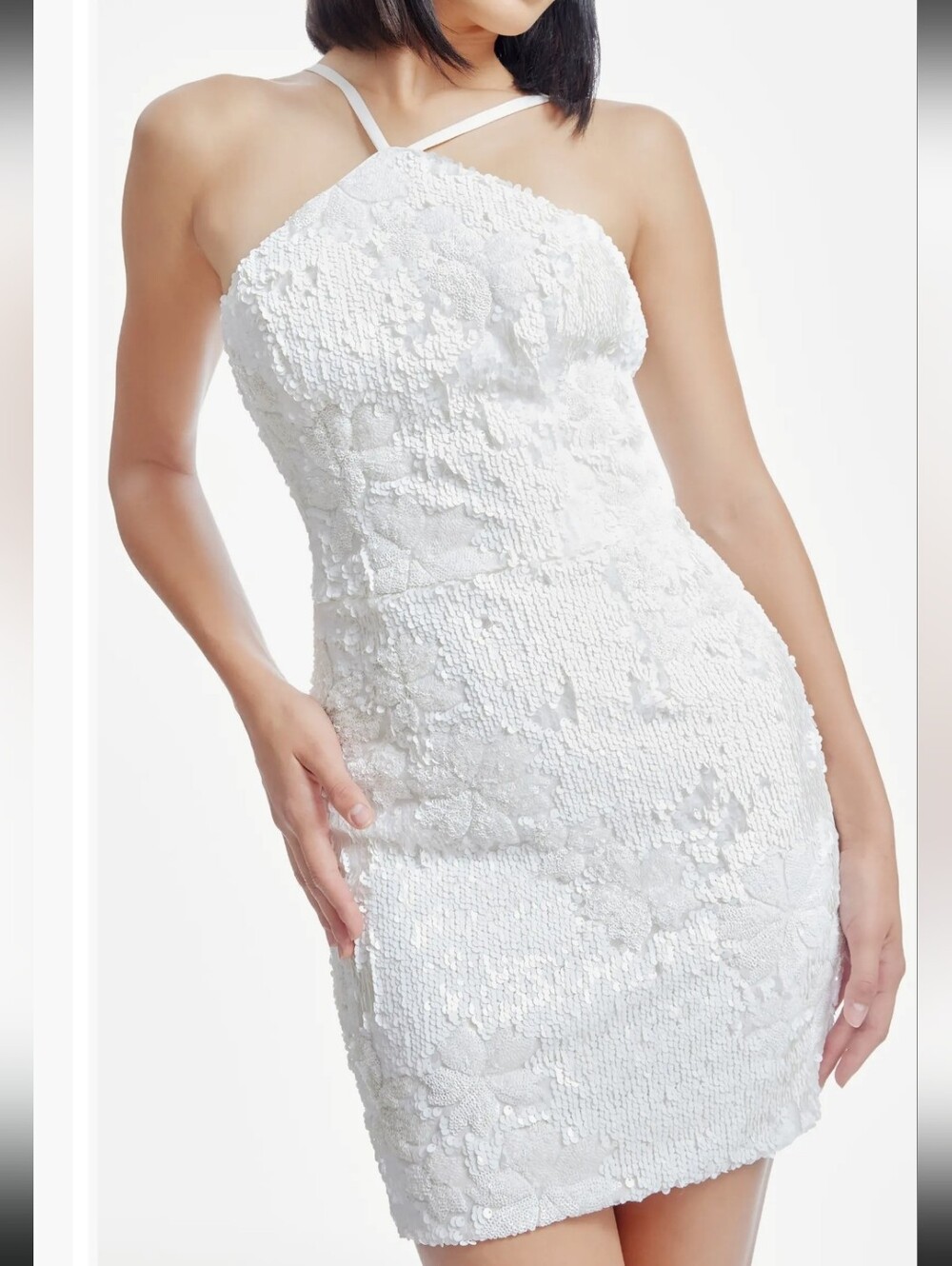 Dress the Population NWT L White Sequin Lace Bodycon Mini Dress $248 Luxury